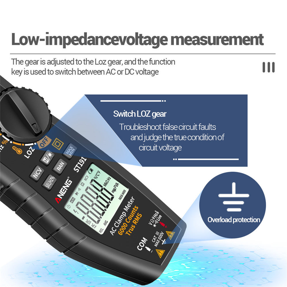 ANENG ST191 Clamp Multimeter High Precision True RMS 6000 Counts Meter AC/DC Voltage Voltmeter Auto Range Tester (No DC Current) - Black/Red