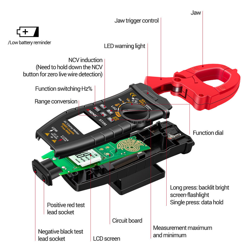 ANENG ST191 Clamp Multimeter High Precision True RMS 6000 Counts Meter AC/DC Voltage Voltmeter Auto Range Tester (No DC Current) - Black/Red