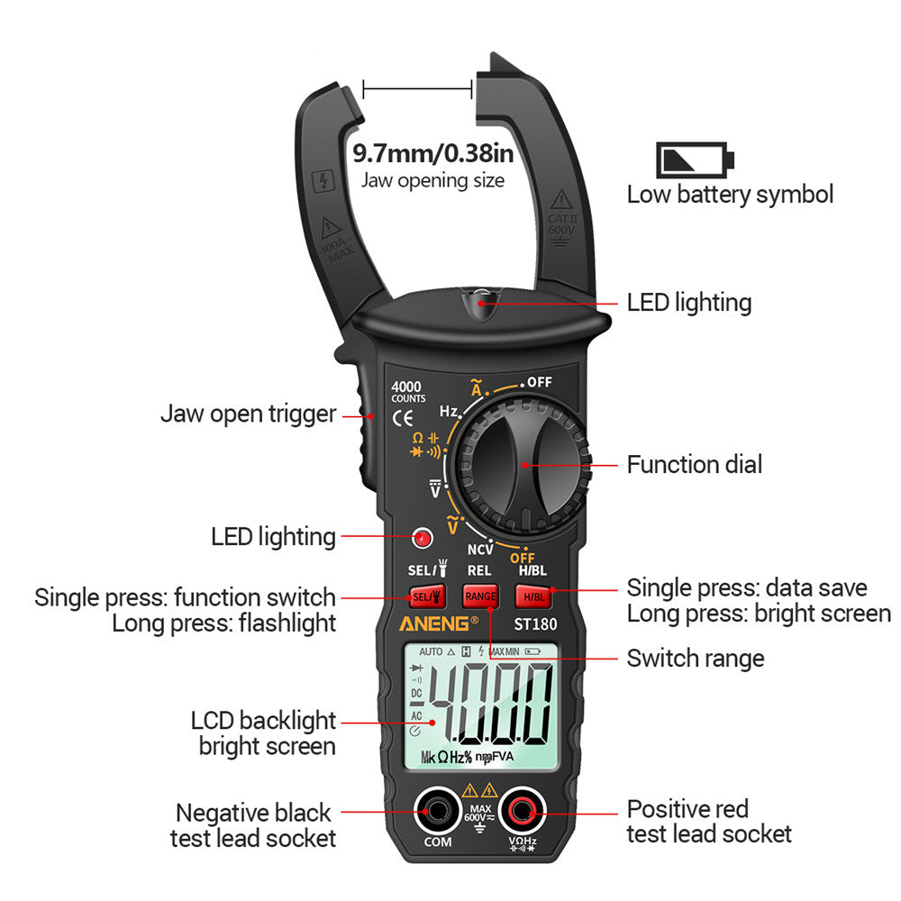 ANENG ST180 4000 Counts Digital Clamp Meter AC Current Multimeter Ammeter Voltage Tester