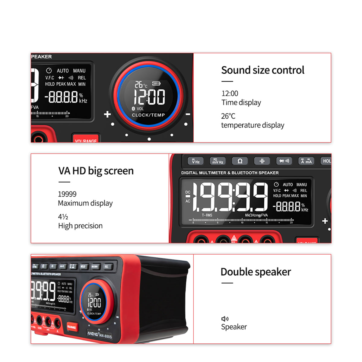 ANENG AN888S 19999 Counts Desktop Multi-function Digital Multimeter LCD Volt Amp Ohm Capacitance Tester with Bluetooth Speaker/Test Accessories (No Battery)