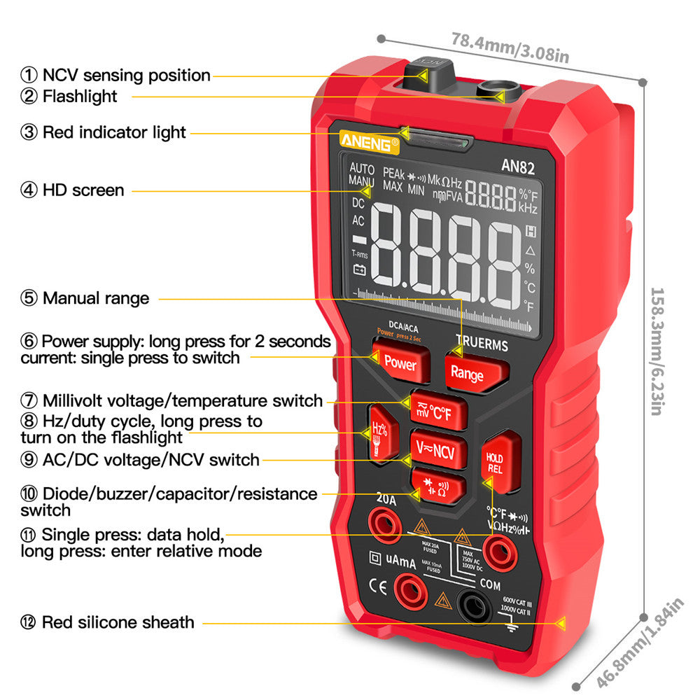 ANENG AN82 PRO 9999 Counts Intelligent Digital Multimeter Auto Range Electrical Tester AC/DC Ammeter Voltage with 16-in-1 Test Line (VA Display Screen)