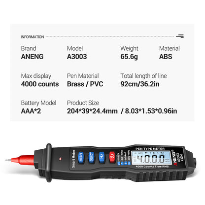 ANENG A3003 Digital Pen Auto Multimeter 4000 Counts Smart Meter with NCV AC/DC Voltage Resistance Capacitance Tester