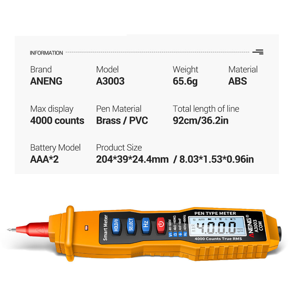 ANENG A3003 Digital Pen Auto Multimeter 4000 Counts Smart Meter with NCV AC/DC Voltage Resistance Capacitance Tester