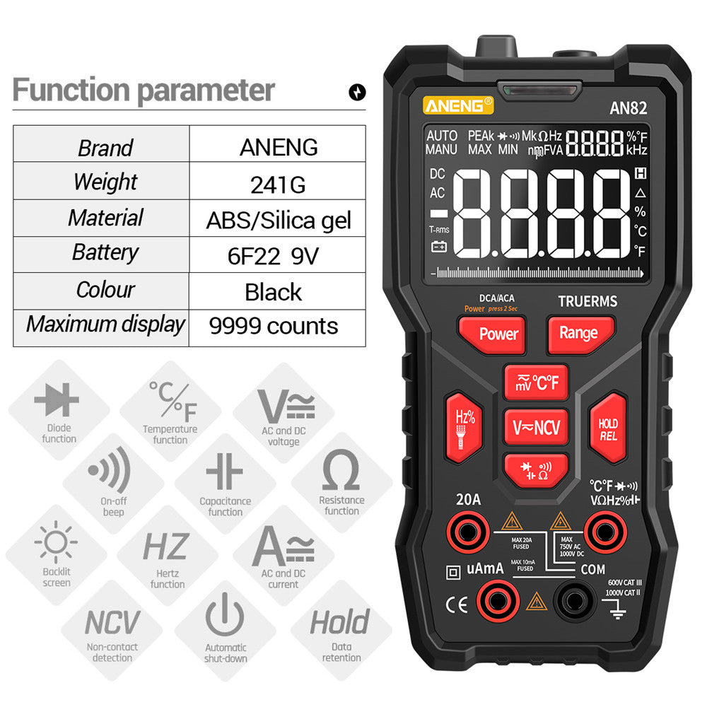 ANENG AN82 9999 Counts Digital Multimeter Auto Ranging Electrical Tester Portable Ture RMS AC/DC Ammeter Voltage Meter (VA Display Screen)