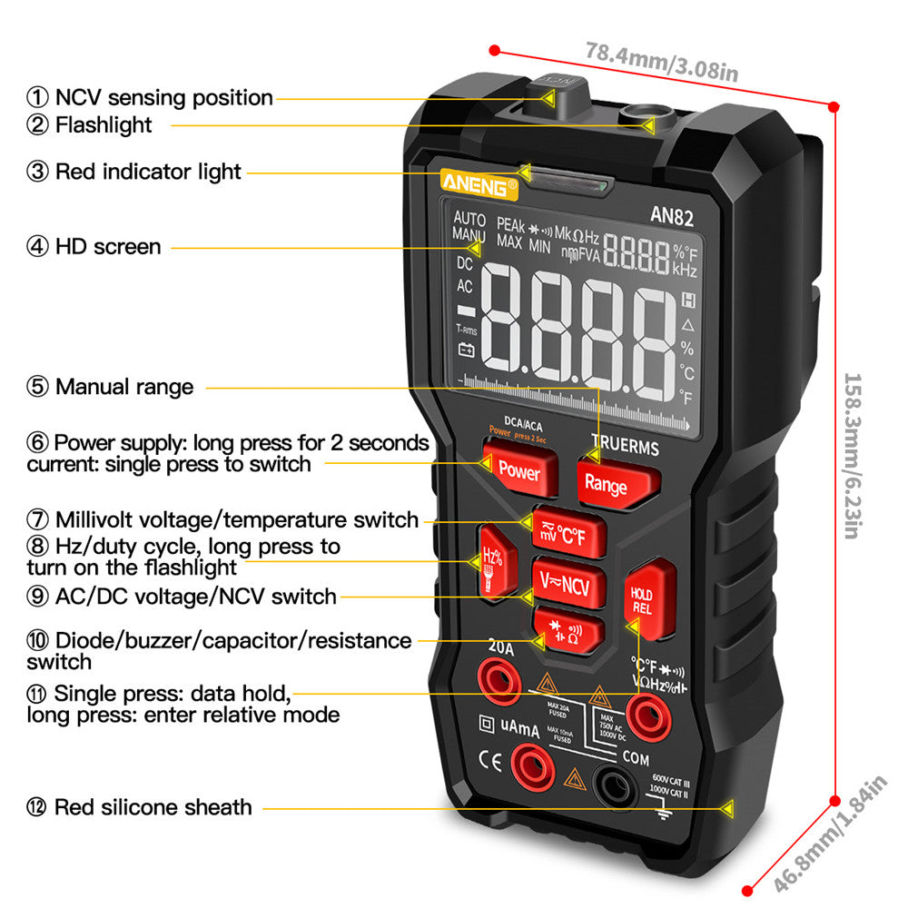 ANENG AN82 9999 Counts Digital Multimeter Auto Ranging Electrical Tester Portable Ture RMS AC/DC Ammeter Voltage Meter (VA Display Screen)