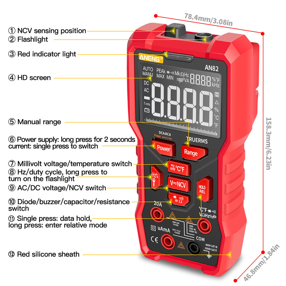 ANENG AN82 9999 Counts Digital Multimeter Auto Ranging Electrical Tester Portable Ture RMS AC/DC Ammeter Voltage Meter (VA Display Screen)