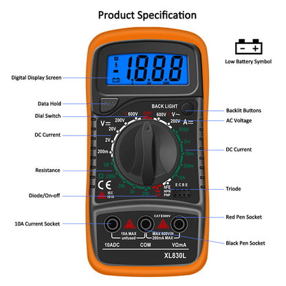 XL830L Multifunction LCD Multimeter Tester Handheld Digital Multimeter AC/DC Resistance Meter with Backlit