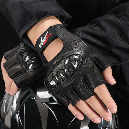 RIDING TRIBE MCS-59B 1 Pair Carbon Fiber Hard Shell Genuine Leather Half Finger Gloves for Motorcycle Racing