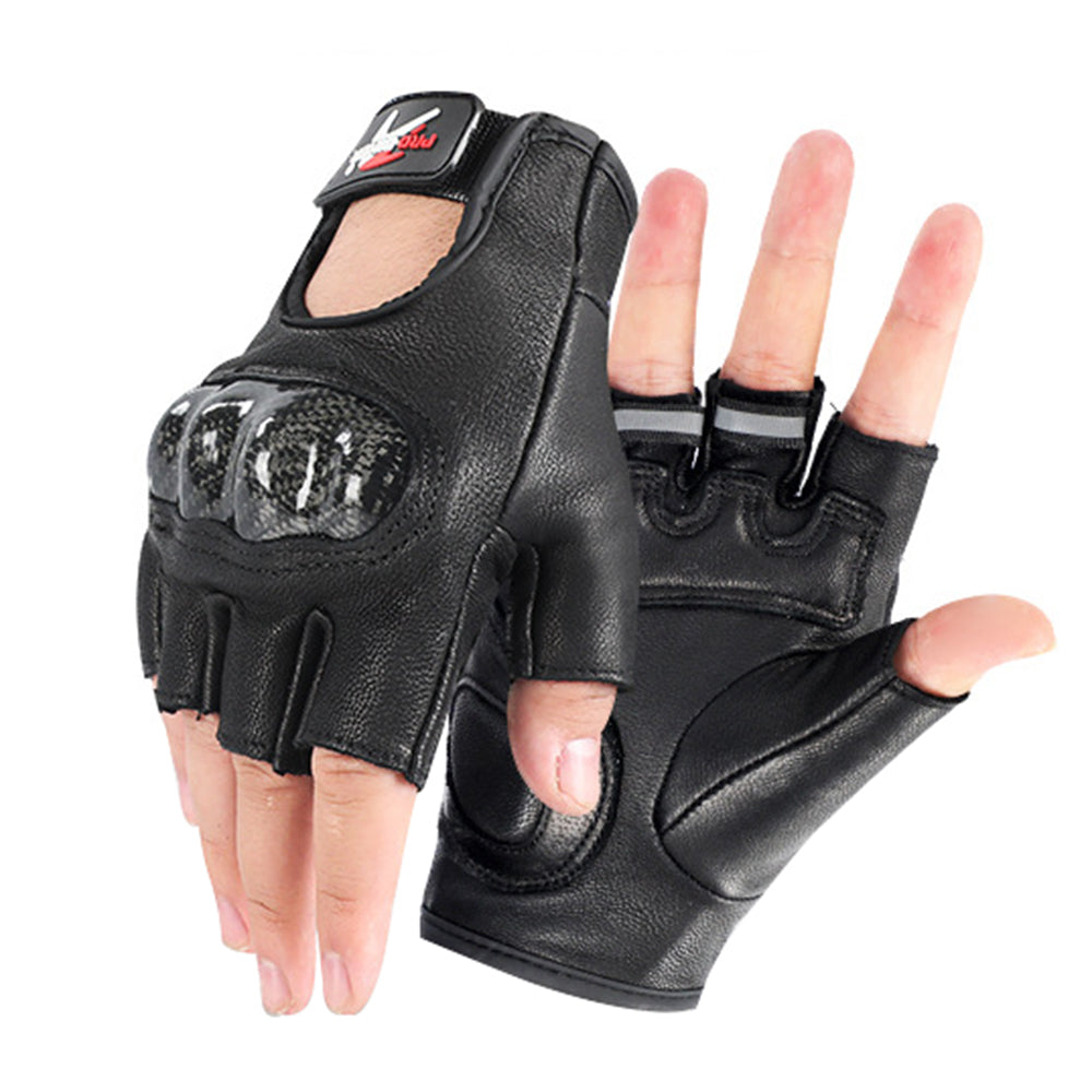 RIDING TRIBE MCS-59B 1 Pair Carbon Fiber Hard Shell Genuine Leather Half Finger Gloves for Motorcycle Racing