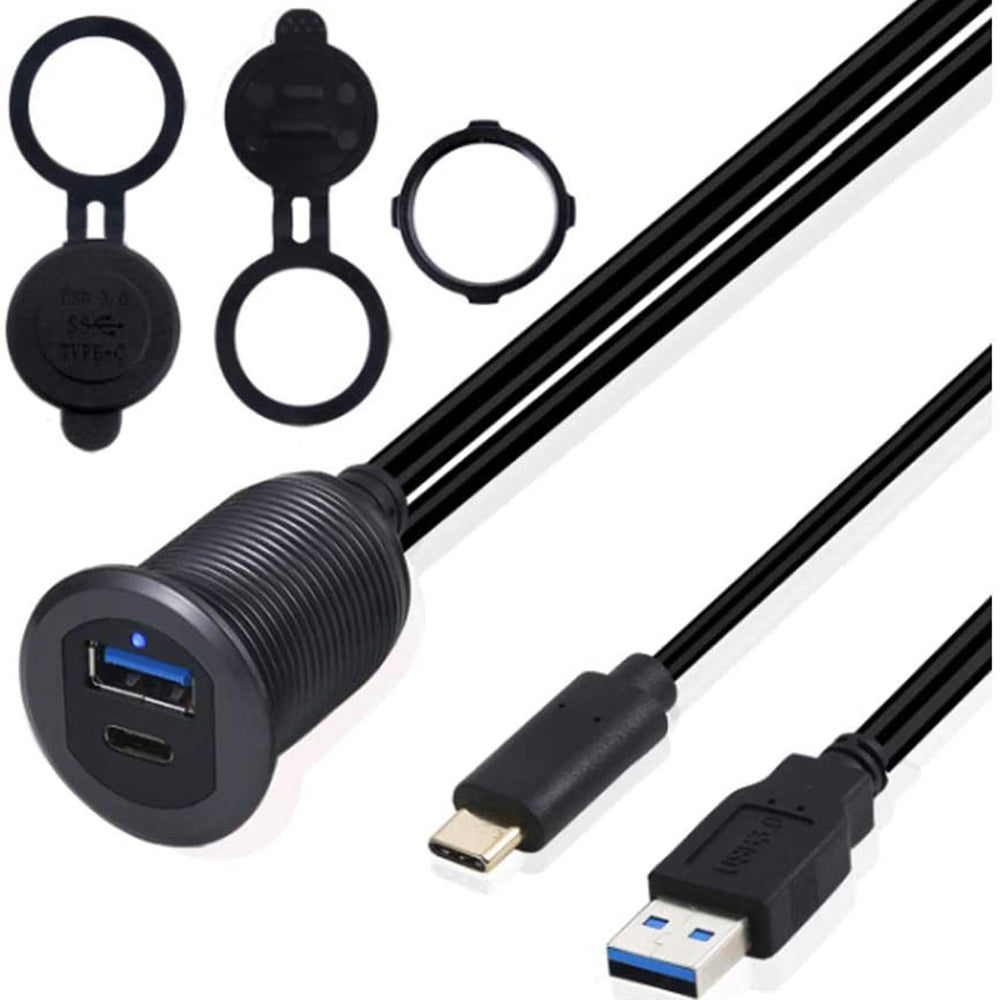 2m USB 3.0 A USB 3.1 C Male to Female Extension Cable Aluminum Alloy Adaptor Cord Dashboard Waterproof Data Cable with Light for Car Motorcycle Boat