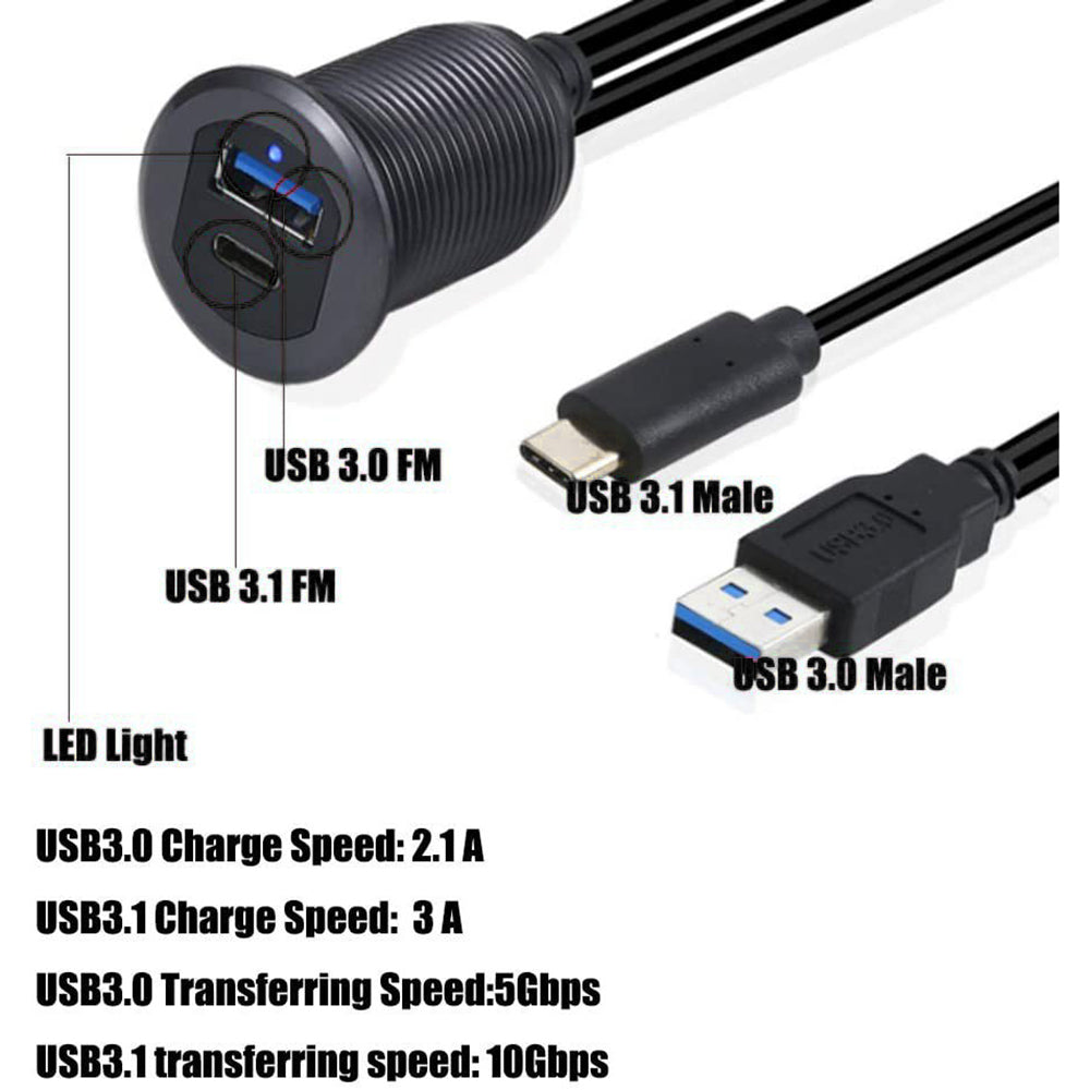 2m USB 3.0 A USB 3.1 C Male to Female Extension Cable Aluminum Alloy Adaptor Cord Dashboard Waterproof Data Cable with Light for Car Motorcycle Boat