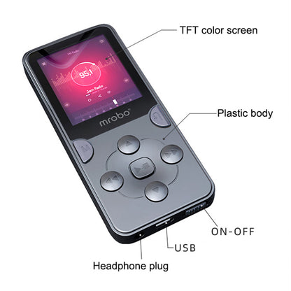 MROBO X-02 8GB 1.8-inch Screen Portable Student MP4 Player Music Video Player with FM Radio Voice Recording Function