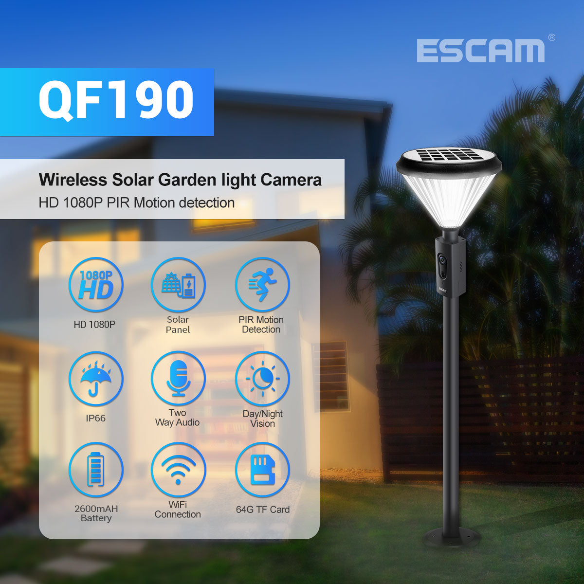 ESCAM QF190 1080P HD Security Camera Wireless Garden Light IP66 Waterproof PIR Human Detection Camera Support WiFi Two-way Voice Smart Night Vision Lawn Light Camera