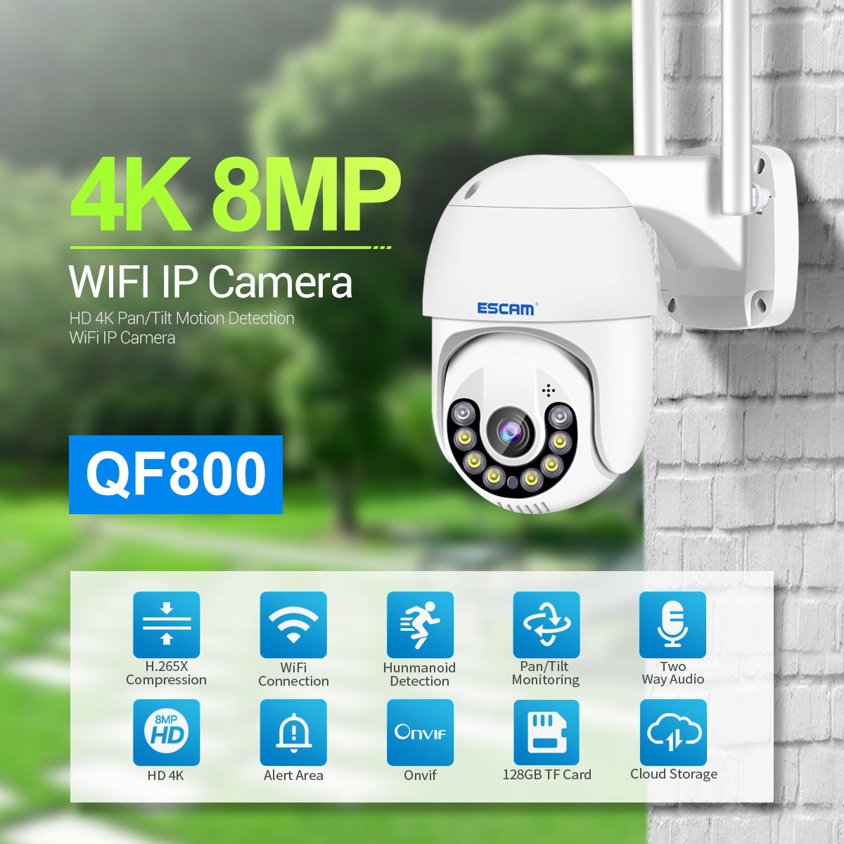 ESCAM QF800 8MP Pan/Tilt AI Humanoid Detection Cloud Storage Waterproof WiFi IP Camera Two Way Audio Night Vision Security Camera