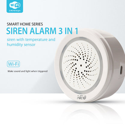 NEO NAS-AB02WT 2.4GHz WiFi Wireless Alarm Mini Smart Siren Alarm with Temperature and Humidity Sensor for Home (USB Powered)