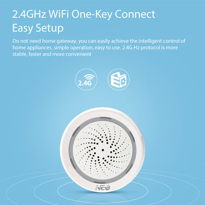 NEO NAS-AB02WT 2.4GHz WiFi Wireless Alarm Mini Smart Siren Alarm with Temperature and Humidity Sensor for Home (USB Powered)