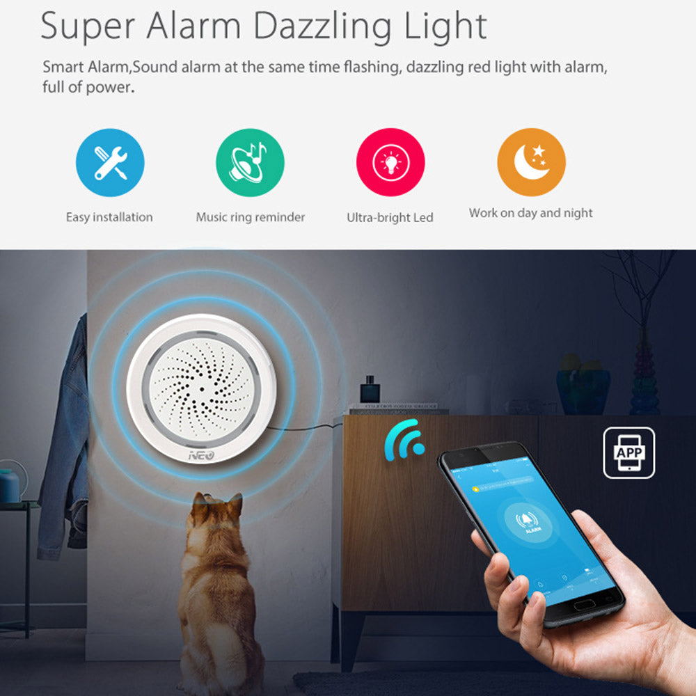 NEO NAS-AB02WT 2.4GHz WiFi Wireless Alarm Mini Smart Siren Alarm with Temperature and Humidity Sensor for Home (USB Powered)