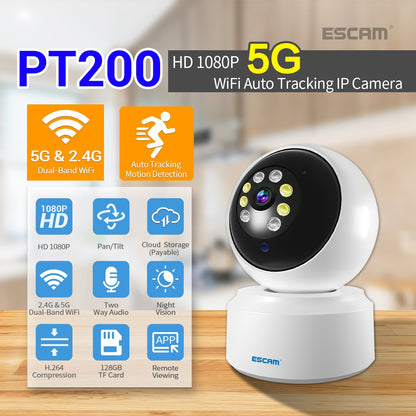 ESCAM PT200 1080P Surveillance Camera Motion Detection 5G WiFi Webcam Smart Night Vision Monitor Camera with Cloud Storage, Two-Way Voice