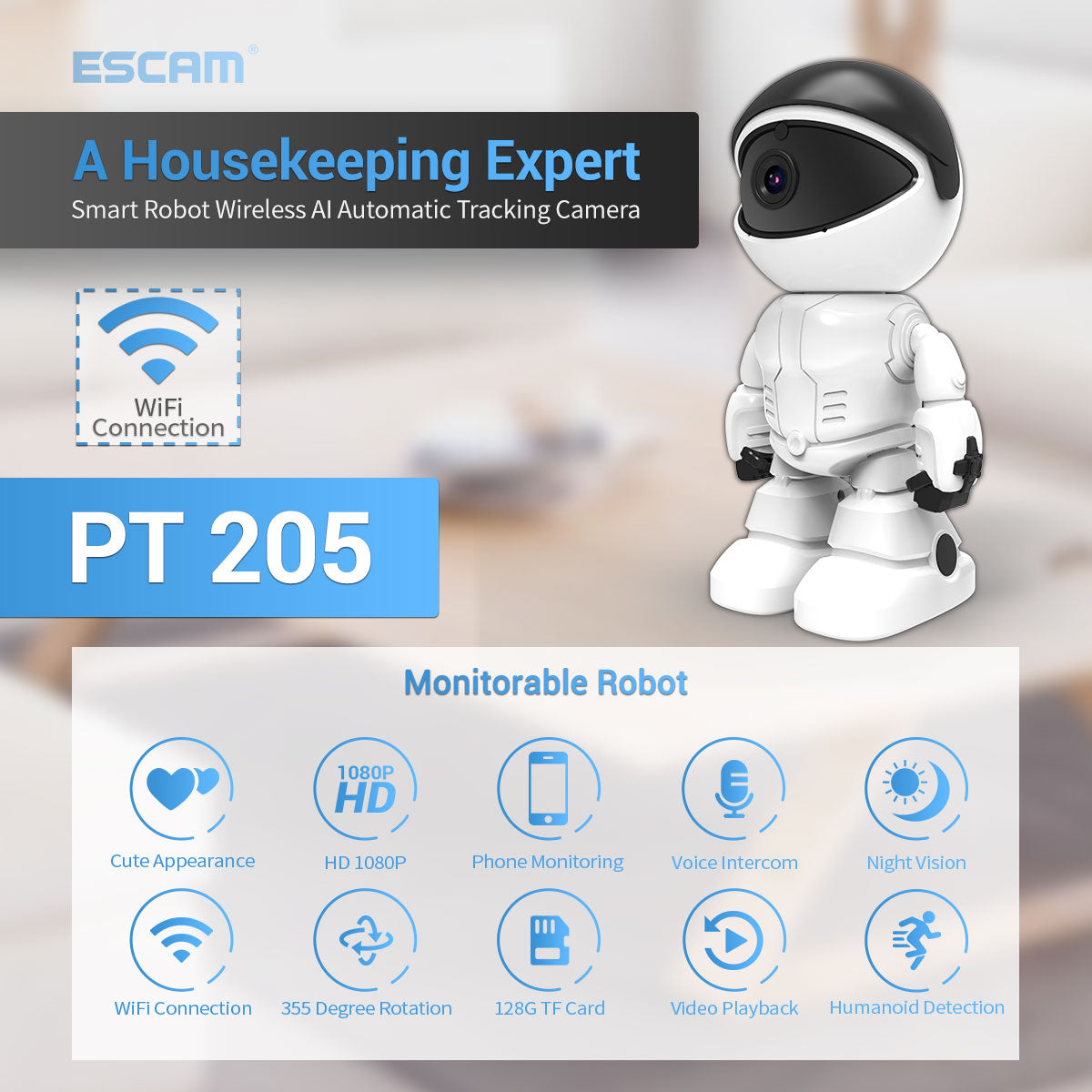 ESCAM PT205 1080P Robot Camera with Day / Night Vision Wireless WiFi IP Camera Support Auto Tracking, Two-way Audio for Home Security