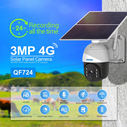 ESCAM QF724 Waterproof Solar Power 3.0MP Camera PIR Night Vision Surveillance Pan Tilt Camera for Home Security - US Plug