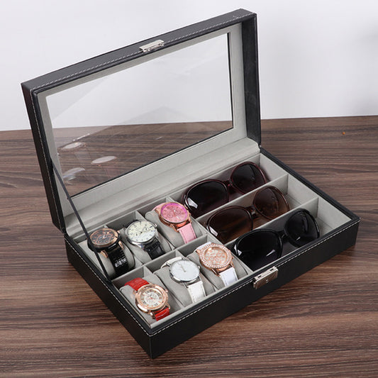 9 Compartments Glasses and Watch Organizer Box PU Leather Glass Top Display Case