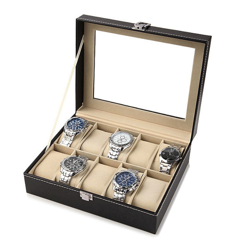 10 Compartments Watch Organizer Box PU Leather Glass Top Display Case