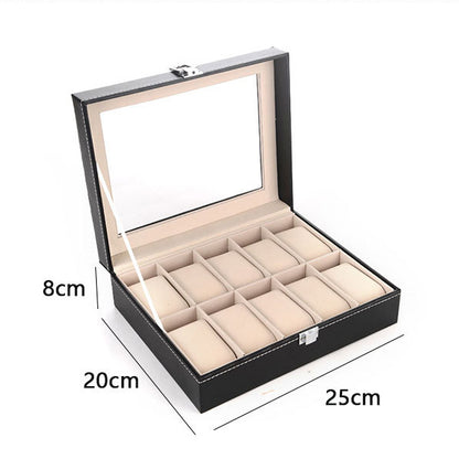 10 Compartments Watch Organizer Box PU Leather Glass Top Display Case