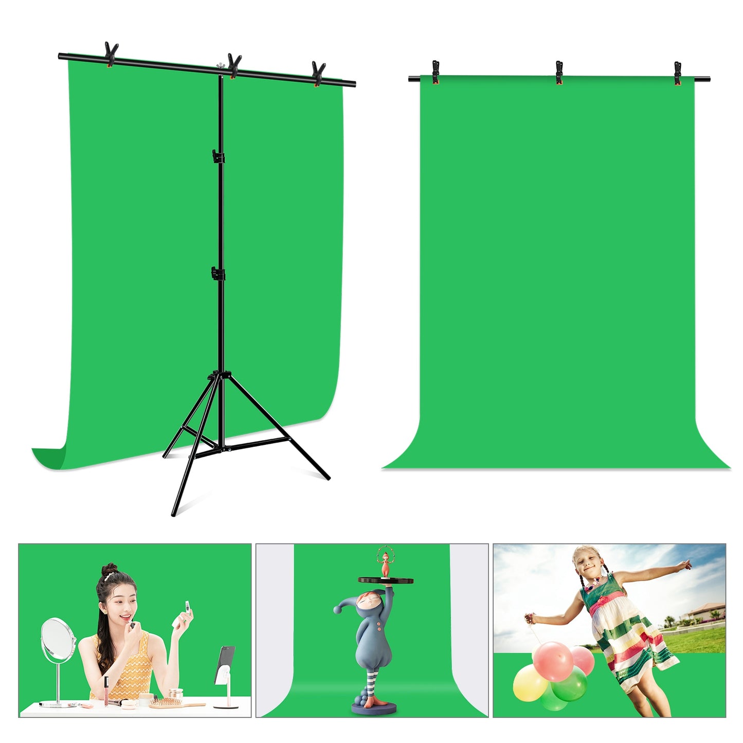 PULUZ PU5204G 1x2m 120g Thicken Background with T-shape Stand and 3 Clamps for Photo Studio Green Screen Chroma Key Photography Backdrop