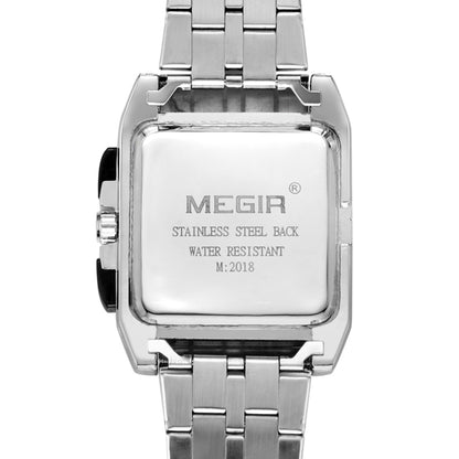 MEGIR Waterproof Men Square Pattern Chronograph Quartz Wrist Watch Steel Band