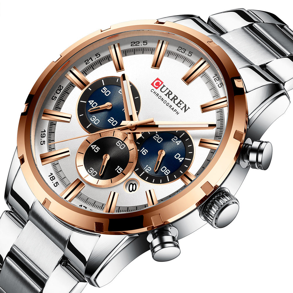 CURREN M8355 Multi-function Waterproof Men Quartz Watch Stainless Steel Strap Men Wristwatch