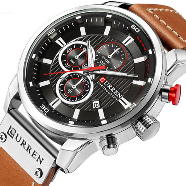 CURREN Men&#39;s Fashionable Watch 6-Pin Quartz Watch Leather Strap Automatic Date Indicator Watch