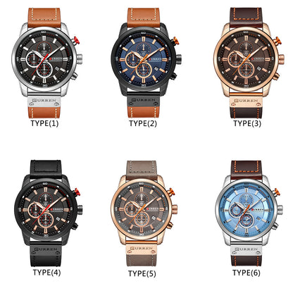 CURREN Men&#39;s Fashionable Watch 6-Pin Quartz Watch Leather Strap Automatic Date Indicator Watch