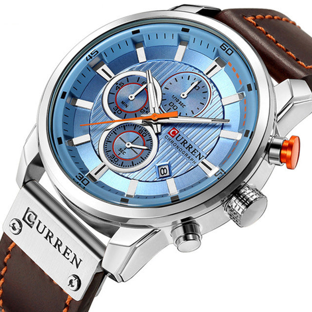 CURREN Men&#39;s Fashionable Watch 6-Pin Quartz Watch Leather Strap Automatic Date Indicator Watch