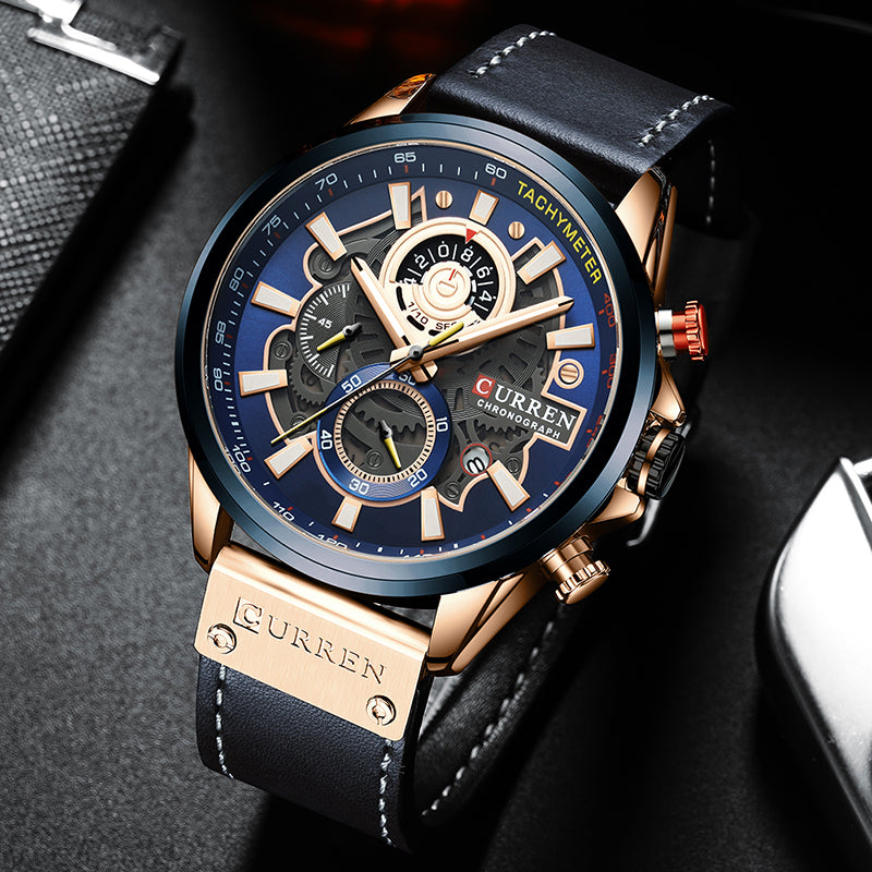 CURREN Waterproof Men Quartz Watch Leather Strap Multi-function Luminous Wristwatch