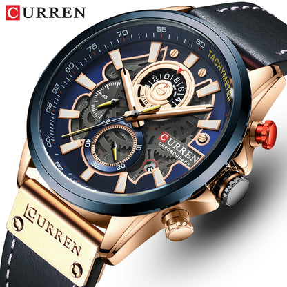 CURREN Waterproof Men Quartz Watch Leather Strap Multi-function Luminous Wristwatch