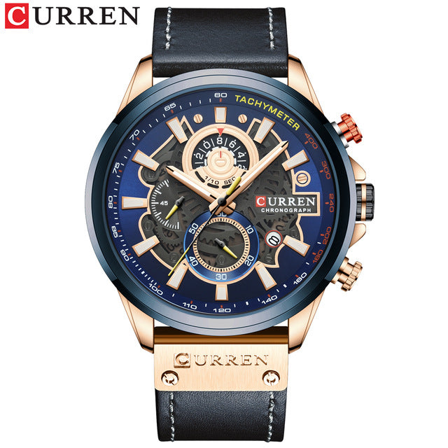 CURREN Waterproof Men Quartz Watch Leather Strap Multi-function Luminous Wristwatch