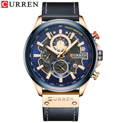 CURREN Waterproof Men Quartz Watch Leather Strap Multi-function Luminous Wristwatch