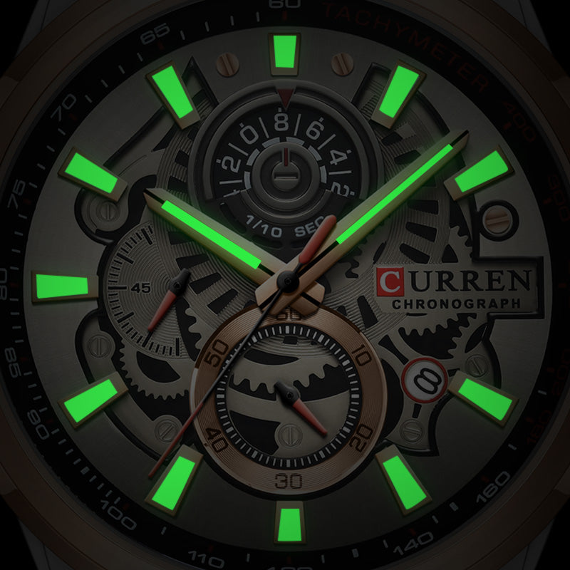 CURREN Waterproof Men Quartz Watch Leather Strap Multi-function Luminous Wristwatch