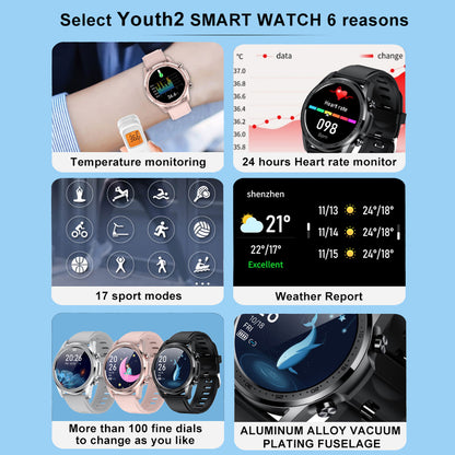 Youth2 1.28 inch Round Screen Waterproof Smart Watch Bluetooth Heart Rate Sleep Blood Oxygen Temperature Monitoring Sport Fitness Smart Bracelet