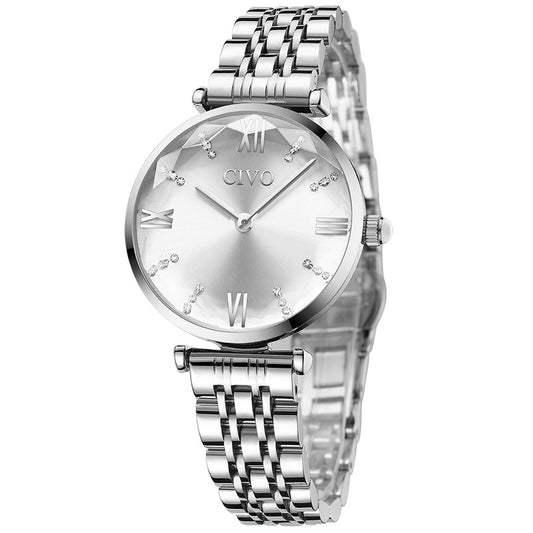 CIVO 8095 Roman Number Rhinestone Analogue Quartz Watch Stainless Steel Strap Wrist Watch for Women - Silver