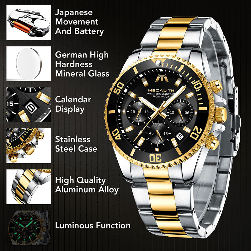 MEGALITH 8046 Anti-knock Hands Quartz Watches Fashion Business Watch Support 3ATM Waterproof for Men