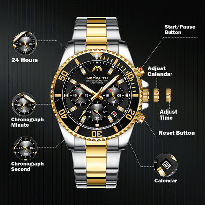 MEGALITH 8046 Anti-knock Hands Quartz Watches Fashion Business Watch Support 3ATM Waterproof for Men