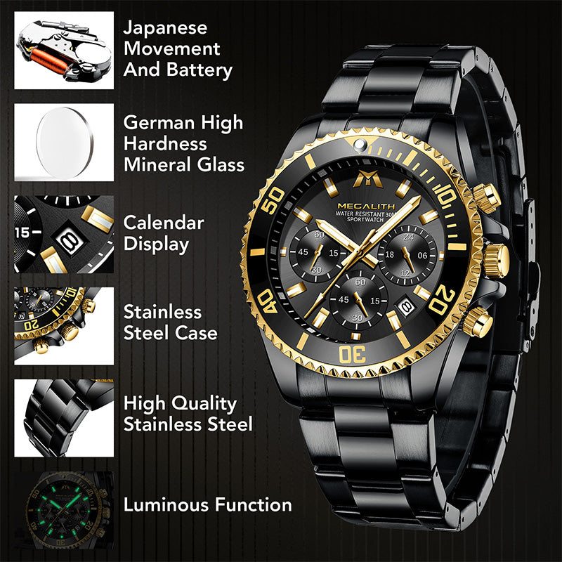 MEGALITH 8046 Anti-knock Hands Quartz Watches Fashion Business Watch Support 3ATM Waterproof for Men