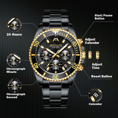 MEGALITH 8046 Anti-knock Hands Quartz Watches Fashion Business Watch Support 3ATM Waterproof for Men