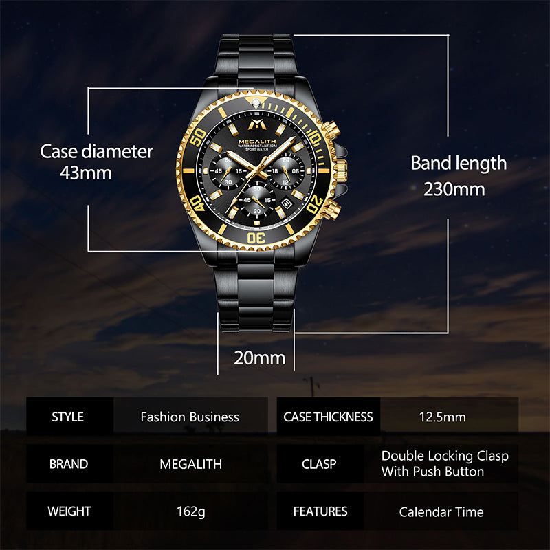 MEGALITH 8046 Anti-knock Hands Quartz Watches Fashion Business Watch Support 3ATM Waterproof for Men