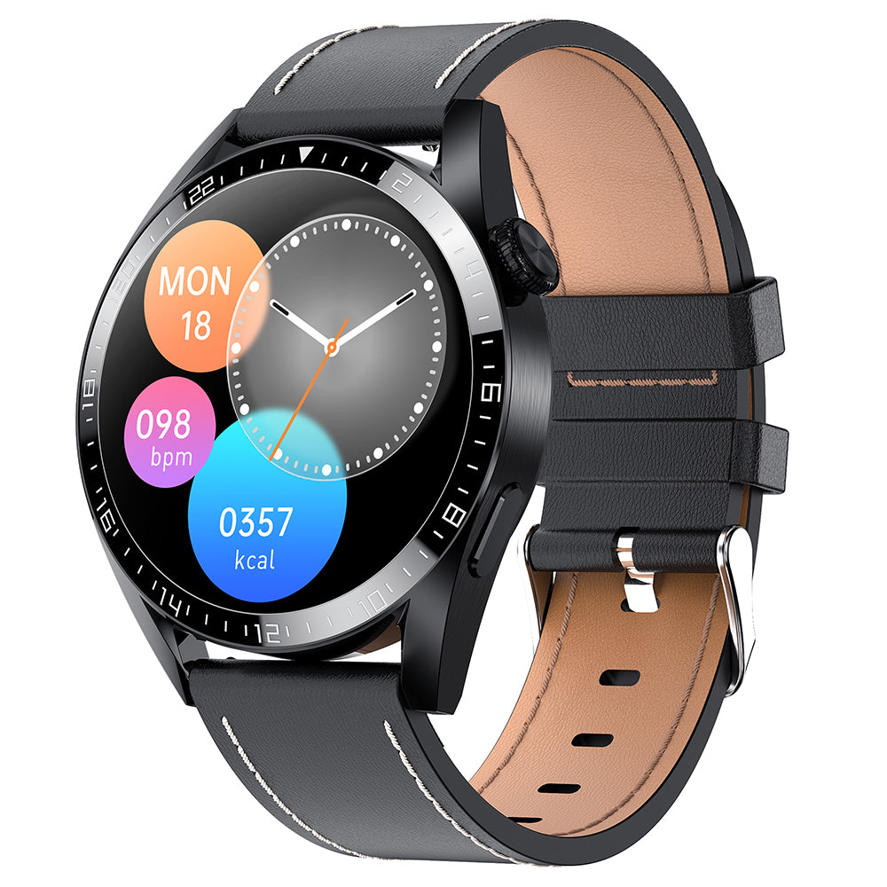 i39 1.28 inch Round Full Touch Screen Smart Watch Music Control Bluetooth Call Heart Rate Monitor Sports Wristwatch, Leather Strap