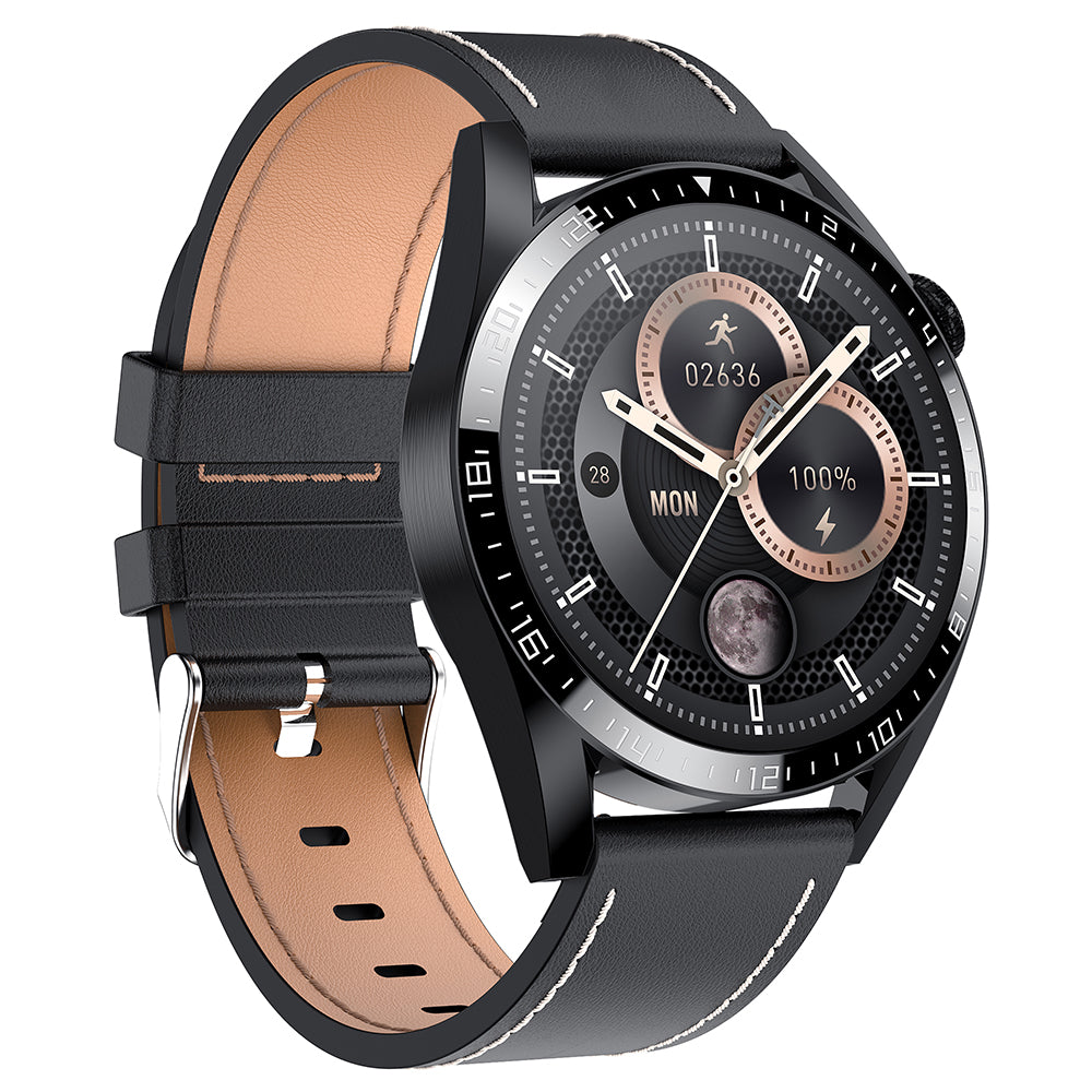 i39 1.28 inch Round Full Touch Screen Smart Watch Music Control Bluetooth Call Heart Rate Monitor Sports Wristwatch, Leather Strap