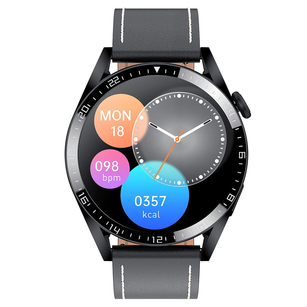 i39 1.28 inch Round Full Touch Screen Smart Watch Music Control Bluetooth Call Heart Rate Monitor Sports Wristwatch, Leather Strap