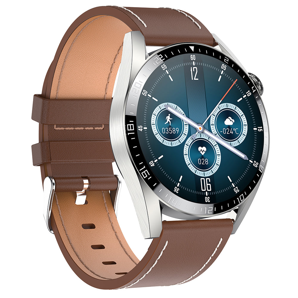 i39 1.28 inch Round Full Touch Screen Smart Watch Music Control Bluetooth Call Heart Rate Monitor Sports Wristwatch, Leather Strap