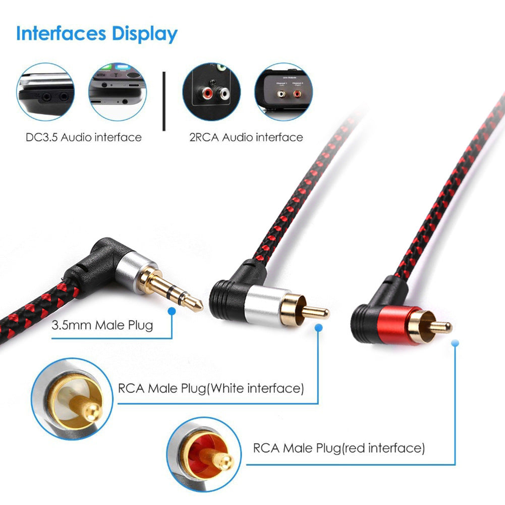 1m 90 Degree 3.5mm to 2 RCA Male Splitter Aux Cable for Phone Tablet Laptop